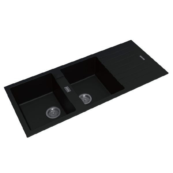 Black Granite Quartz Stone Kitchen Sink Double Bowls Drainboard Top/Undermount - 1160x500x200mm | OX1150.KS
