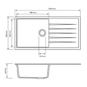 Carysil Concrete Grey Single Bowl With  Drainer Board Granite Kitchen Sink Top/Flush/Under Mount – 1000x500x220mm |  TWMD-100LG