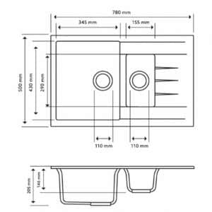 Carysil Black 1 and 1/4 Bowl Drainer
  Granite Kitchen Sink Top/Flush/Under Mount – 780x500x205mm | TWMD-150