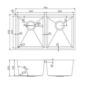 1.2mm Handmade Double Bowls
  Top/Undermount Kitchen/Laundry Sink – 740x440x200mm | TWMPS740