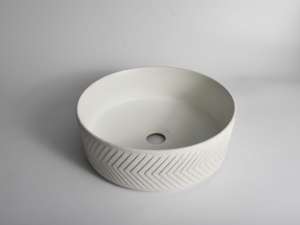 Polar – 360mm Matte White Arrow Round
 Textured Exterior Ceramic Above Counter Basin | 360x360x120mm | CLA-524BS-TMW