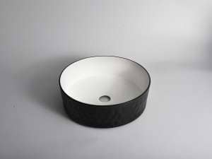 Polar – 360mm Matte Black & Matte
 White Diamond Round Textured Exterior Ceramic Above Counter Basin |
 360x360x120mm | CLA-524BR-TMB
