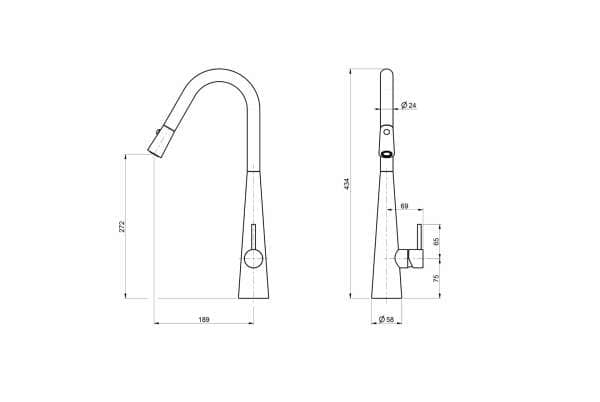 Linsol Aria Pull Down Sink Mixer ARI 01RETRACT line drawing 547x366 1