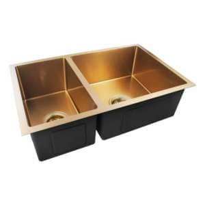 Brushed Yellow Gold 1.2mm Handmade Round
  Corners Double Bowls Top/Under/Flush Mount Kitchen Sink – 710x450x205mm
  | BUYG7145.KS