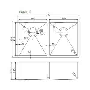 1.2mm Handmade Top/Undermount Double
  Bowls Kitchen Sink – 770x450x215mm | TWM6