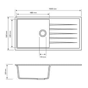 Carysil Black Single Bowl With Drainer
  Board Granite Kitchen Sink Top/Flush/Under Mount – 1000x500x220mm | TWMD-100L