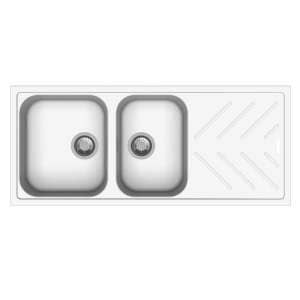 White Granite Quartz Stone 1 and 3/4
  Kitchen Sink Double Bowls Drainboard Topmount – 1160x500x200mm | TWM-NBD200W