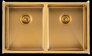 Brushed Gold 1.2mm Handmade
  Top/Undermount Double Bowls Kitchen Sink – 770x450x215mm | TWM6G
