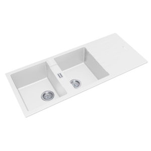 White Granite Quartz Stone Kitchen Sink
  Double Bowls Drainboard Top/Undermount – 1160x500x200mm | WH1150.KS