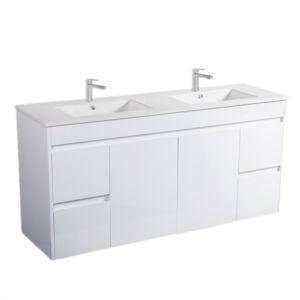 White Polyurethane PVC Wall Hung Vanity – Side Drawer – Double Bowl – 1500mm | P154D-WH