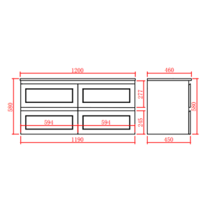 Fremantle Wall Hung Vanity – Four Drawers
 – Matt Black – 1200mm | FMB1221WH