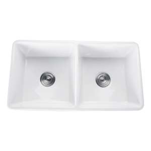 Fermentale Ceramic Kitchen Sink – Double
 Bowl – Gloss White – 845x465x250mm | KCSD845
