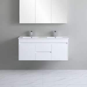 White 
  PVC Wall Hung Vanity – Center Drawers – Double Bowl – 1200mm | P124DWH