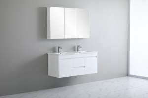 White 
 PVC Wall Hung Vanity – Center Drawers – Double Bowl – 1200mm | P124DWH