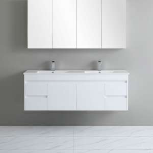 White 
  PVC Wall Hung Vanity – Side Drawers – Double Bowl – 1500mm | P154DWH