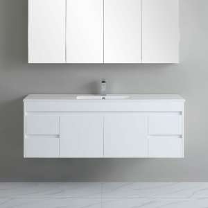 White Polyurethane PVC Wall Hung Vanity -Side Drawers – Single Bowl – 1500mm | P154WH