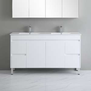 White 
 PVC Wall Hung Vanity – Side Drawers – Double Bowl – 1500mm |
 P154DLG-DBCT