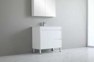 White Polyurethane PVC Freestanding Vanity – Right Hand Drawer – 900mm | P94RLG