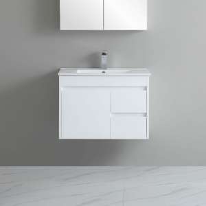 White 
  PVC Wall Hung Vanity With Ceramic Top – Right Hand Drawer – 750mm |
  P74RWH-CT