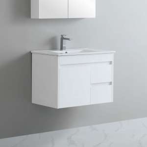 White 
  PVC Wall Hung Vanity With Ceramic Top – Right Hand Drawer – 750mm |
  P74RWH-CT