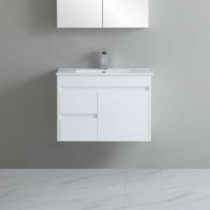 White 
  PVC Wall Hung Vanity With Ceramic Top – Right Hand Drawer – 750mm |
  P74LWH-CT