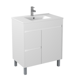 White 
 PVC Floorstanding Vanity With Ceramic Top – Right Hand Drawer – 750mm
 | P74LLG-CT