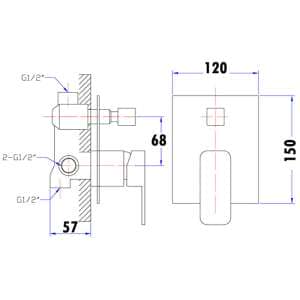 Nova Round Cornered Rectangle Handle Wall Mixer With Diverter | PSR3002SB