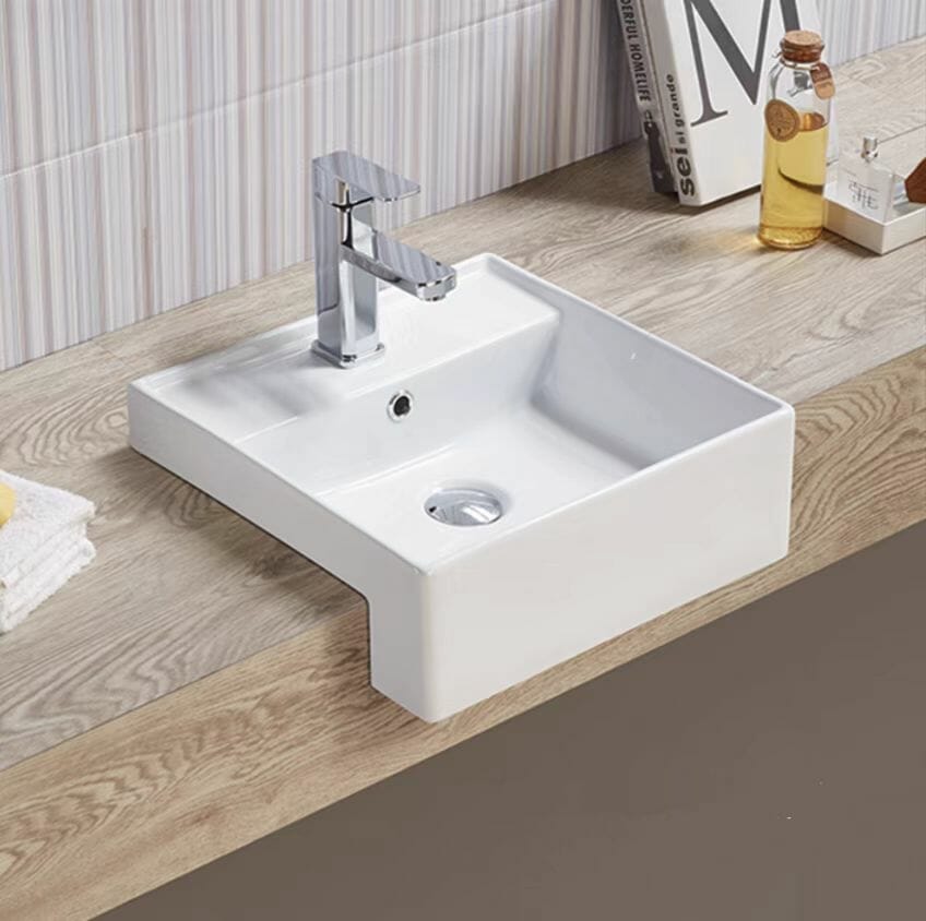 Semi Recess Ceramic Basin - Overflow - Tap Hole - Gloss White - Square 