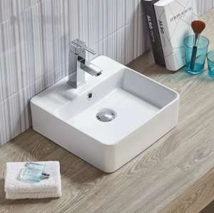 Above Counter/Wall Hung Ceramic Basin –
  Overflow – Tap Hole – Gloss White – Square – 380mm | PW3838