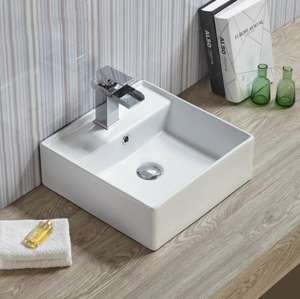 Above Counter/Wall Hung Ceramic Basin –  Overflow – Tap Hole – Gloss White – Square – 410mm | PW4141
