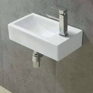 Wall Hung Ceramic Basin – Left Hand Bowl
  – No Overflow – Right Tap Hole – Gloss White – Rectangle – 455mm | PW4525L