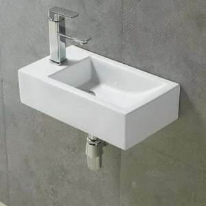 Wall Hung Ceramic Basin – Right Hand Bowl
  – No Overflow – Left Tap Hole – Gloss White – Rectangle – 500mm | PW5025R