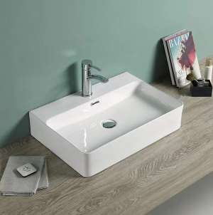 Above Counter/Wall Hung Ceramic Basin –
  Overflow – Tap Hole – Gloss White – Rectangle – 600mm | PW6042