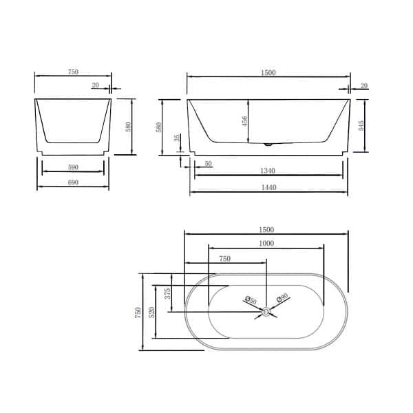 SB782 Brighton groove 1500mm oval bath specification dimensions