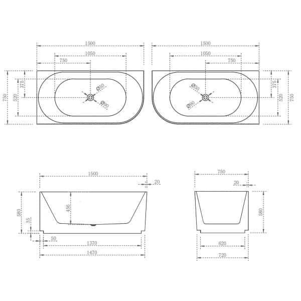 SB784 1500mm Brighton Groove Corner Specification drawing in left and right