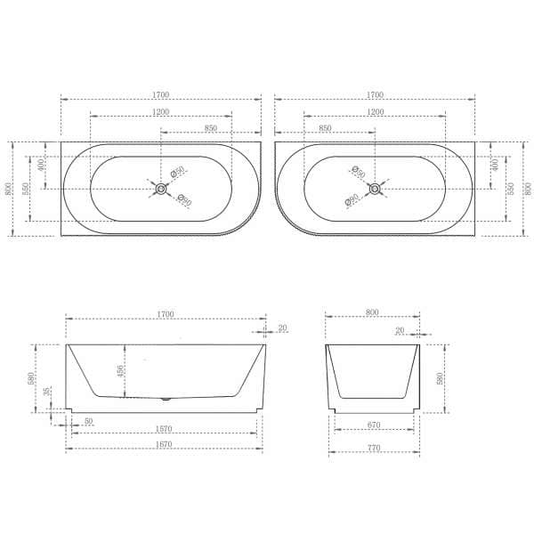 SB784 1700mm Brighton Groove Corner Specification drawing in left and right