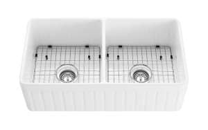 Greenwich Fireclay Farmhouse Sink –
  Double Bowl – Fluted – Gloss White – 838x457x255mm | FCS828-D-GW
