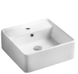Above Counter/Wall Hung Ceramic Basin –  Overflow – Tap Hole – Gloss White – Square – 410mm | PW4141