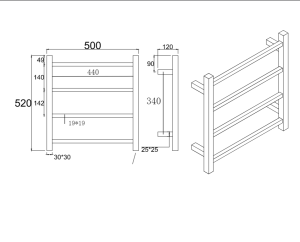 Square Brushed Nickel Electric Heated
 Towel Rack – 4 Bars – 500mm | BU04.S.HTR