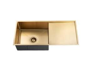 Round Corner Stainless Steel Brushed Gold PVD Coating Single Bowl with Drain Board Kitchen Sink – 960x450x230mm | TWM4G