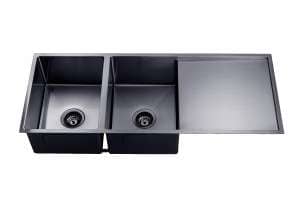 Round Corner Stainless Steel Gun Metal Grey PVD Coating Double Bowl with Drain Board Kitchen Sink – 1160x460x230mm | TWM9B