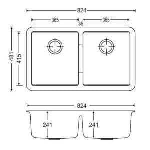 Concrete Grey Carysil CG2B3322 Double Bowl Stone Kitchen Sink – 824x481x241mm | TWM3322-G