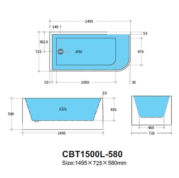 CBT1500L-580 corner bathtub Specs