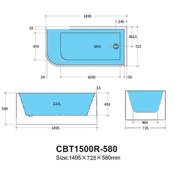 CBT1500R-580 corner bathtub Specs