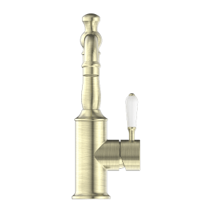 Nero York Basin Mixer With White Porcelain Lever Aged Brass | NR69210101AB