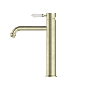 Nero York Straight Tall Basin Mixer With White Porcelain Lever Aged Brass | NR692101a01AB