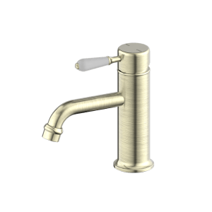 Nero York Straight Basin Mixer With White Porcelain Lever Aged Brass | NR692101b01AB