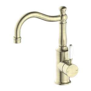 Nero York Basin Mixer Hook Spout With White Porcelain Lever Aged Brass | NR69210201AB