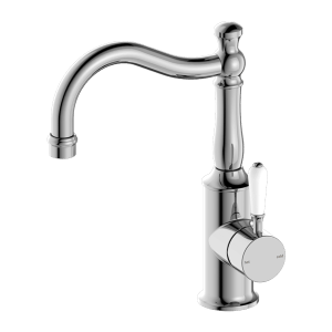 Nero York Basin Mixer Hook Spout With White Porcelain Lever Chrome | NR69210201CH