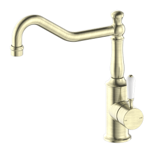 Nero York Kitchen Mixer Hook Spout With White Porcelain Lever Aged Brass | NR69210701AB